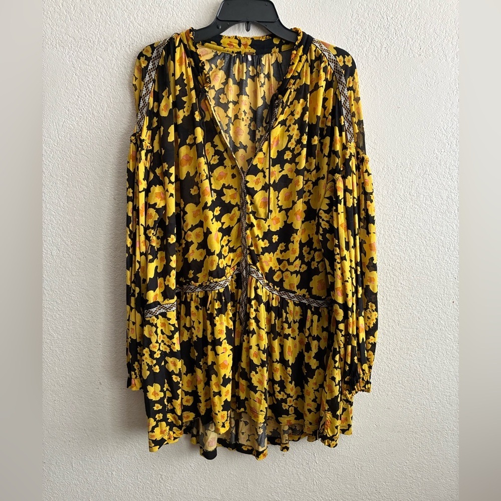 Free People Yellow and Black Tiered Sundress with Bishop Sleeves M - Picture 10 of 16